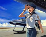  aircraft airplane airport blue_eyes blue_hair bowieknife cloud copyright_request day j7w_shinden military salute short_hair sky solo uniform 