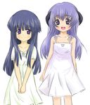  artist_request blue_hair dress furude_rika hanyuu higurashi_no_naku_koro_ni horns long_hair multiple_girls purple_eyes purple_hair 