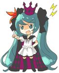  cape chibi crown fang green_eyes green_hair hat hatsune_miku long_hair lowres pointing solo thighhighs twintails urate_(mearo) very_long_hair vocaloid world_is_mine_(vocaloid) 