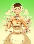  bare_shoulders bowieknife breasts brown_eyes cleavage coffee coffee-tan cup dress flower food_themed_clothes large_breasts multicolored_hair product_girl short_hair solo starbucks 