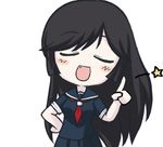  1girl artist_request black_hair blush chibi eyes_closed fang female hand_on_hip hips kaibutsu_oujo kamura_reiri long_hair lowres open_mouth sailor_fuku school_uniform serafuku simple_background solo star vampire 