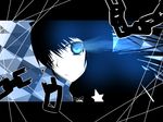  bangs black_hair black_rock_shooter black_rock_shooter_(character) blue_eyes burning_eye chain checkered cloak coat hair_over_one_eye hood hooded_jacket jacket kurosawa_shouichi letterboxed pale_skin solo star twintails uneven_twintails 