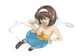  bare_shoulders breasts brown_hair cleavage f_(fuji) gloves hairband hands_on_hips kneehighs medium_breasts one_eye_closed short_hair skirt socks solo strapless suzumiya_haruhi suzumiya_haruhi_no_yuuutsu tubetop yellow_eyes 