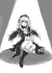  boots dress greyscale hairband knee_boots lolita_hairband long_hair looking_at_viewer monochrome osakana_(denpa_yun'yun) rozen_maiden sitting solo spotlight suigintou wings yokozuwari 