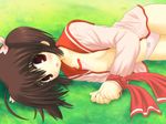  aoi_akua bdsm blush bondage bound breasts brown_hair grass hair_ribbon lying no_bra open_clothes open_mouth open_shirt panties red_eyes ribbon ribbon_bondage school_uniform shirt short_hair small_breasts solo to_heart_2 twintails underwear yuzuhara_konomi 