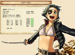  :d belt bikini bowieknife coat coin eyepatch flat_chest gold golden_lore green_eyes green_hair jacket loose_belt navel o-ring o-ring_top open_clothes open_coat open_mouth outstretched_arms pirate short_hair smile solo spread_arms swimsuit sword weapon 