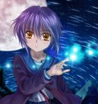  1girl highres moon mutsuki_(moonknives) nagato_yuki purple_hair school_uniform short_hair solo star stars suzumiya_haruhi_no_yuuutsu time_lapse yellow_eyes 