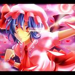  ascot bad_id bad_pixiv_id bat_wings blue_hair fang fuuna_(conclusion) hat letterboxed moon outstretched_arms red_eyes red_moon remilia_scarlet short_hair skirt smile solo touhou wings wrist_cuffs 