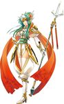  armor blush boots buckle cape chaps dress ear_protection elbow_gloves elincia_ridell_crimea fantasy faulds fire_emblem fire_emblem:_akatsuki_no_megami fire_emblem:_kakusei forehead_protector full_body gem gloves green_hair hand_on_hip high_collar high_heel_boots high_heels horned_headwear knee_boots light_smile long_hair looking_at_viewer obi official_art orange_eyes pauldrons polearm puffy_short_sleeves puffy_sleeves sash shikidouji short_dress short_sleeves sidelocks simple_background smile solo thighhighs trident vambraces weapon white_background white_gloves zettai_ryouiki 