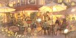 4girls :d ^_^ apron bad_id bad_pixiv_id bear brown_hair bunny cafe cat chair closed_eyes door glass holding menu_board multiple_girls open_mouth original pavement pon_(cielo) road scenery shop short_hair sign sitting sketch smile street table tray umbrella window 