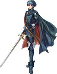  90s androgynous blue_eyes blue_hair boots cape fire_emblem fire_emblem:_kakusei fire_emblem:_monshou_no_nazo full_body kita_senri knee_boots male_focus marth official_art sheath solo sword tiara tunic weapon white_background 