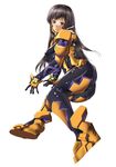  armor armored_boots ass black_hair blush bodysuit boots breasts full_armor full_body gauntlets highres large_breasts long_hair looking_at_viewer looking_back muvluv muvluv_alternative muvluv_total_eclipse orange_bodysuit paintedmike pilot_suit purple_eyes simple_background solo takamura_yui very_long_hair white_background 