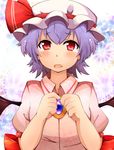  bad_id bad_pixiv_id bat_wings blush brooch face fang hat hat_ribbon jewelry lavender_hair mob_cap open_mouth red_eyes red_ribbon remilia_scarlet ribbon short_hair solo tears touhou upper_body wings yuuichirou_(i_love_hitagi) 