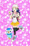  1girl backpack bag bird blue_eyes blue_shoes bracelet female full_body hat hikari_(pokemon) jewelry open_mouth piplup pokemon pokemon_(anime) running shoes skirt smile solo star thighhighs 