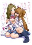  2girls blue_eyes blush breast_grab breasts brown_hair fang grabbing green_eyes hair_bobbles hair_ornament hair_ribbon houjou_hibiki hummy_(suite_precure) long_hair minamino_kanade multiple_girls nipple_tweak nipples open_clothes open_mouth open_shirt ponytail precure ribbon school_uniform shirt sitting skirt smile suite_precure tears twintails yuri yuuki_maya 