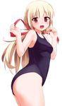 :d arm_up blonde_hair blush hair_ribbon highres long_hair one-piece_swimsuit open_mouth original red_eyes ribbon sawada_yuusuke school_swimsuit simple_background smile solo swimsuit white_background 