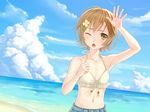  armpits beach bikini_top brown_hair chestnut_mouth cloud crossdressing day green_eyes hair_ornament hairclip mako-chan_(minami-ke) makoto_(minami-ke) male_focus minami-ke navel ocean one_eye_closed otoko_no_ko otosume_ruiko outdoors sky solo 