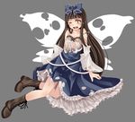  1girl boots bow brown_hair cross-laced_footwear female hair_bow lace-up_boots long_hair open_mouth s-syogo solo star_sapphire tears torn_clothes torn_wings touhou wings wink yellow_eyes 