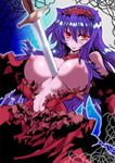  1girl bare_shoulders breasts breasts_outside dress female hair_ornament huge_breasts injury long_hair muntaro nipples open_clothes purple_hair red_eyes scar solo stabbed sword vampire weapon wounded 