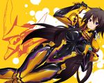  black_hair bodysuit breasts dokuma3 large_breasts long_hair muvluv muvluv_alternative muvluv_total_eclipse orange_bodysuit pilot_suit purple_eyes solo takamura_yui very_long_hair 