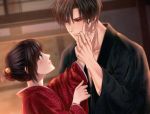  1boy 1girl black_hair black_kimono blush brown_hair embarrassed eye_contact hair_bun hair_ornament hand_in_another&#039;s_hair hand_up hetero holding_another&#039;s_arm indoors izumi_(stardustalone) japanese_clothes kimono looking_at_another original parted_lips red_kimono renri_no_chigiri_wo_kimi_to_shiru upper_body wide_sleeves 