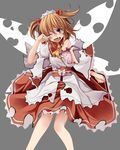  1girl ascot blue_eyes brown_hair dress fang female hair_ribbon headdress highres letterboxed obi open_mouth patterned puffy_sleeves red_ribbon ribbon s-syogo sash short_hair skirt solo strap_slip sunny_milk tears torn_clothes torn_wings touhou twintails underwear wings 
