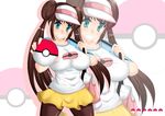  1girl aqua_eyes breasts brown_hair double_bun female_protagonist_(pokemon_bw2) hair_buns highres kikko large_breasts mei_(pokemon) poke_ball pokemon pokemon_(game) pokemon_bw2 visor 