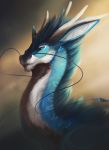  2018 ashesdrawn blue_eyes blue_fur digital_media_(artwork) dragon eastern_dragon fantasy feral fur furred_dragon horn male simple_background solo 