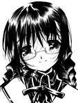  akemi_homura blush braid calligraphy_brush_(medium) glasses greyscale head_tilt highres light_smile long_hair looking_at_viewer mahou_shoujo_madoka_magica monochrome ribbon senomoto_hisashi smile solo tears traditional_media twin_braids 