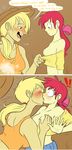  apple_bloom_(mlp) applebloom_(mlp) applejack_(mlp) assisted_exposure blonde_hair breast_grab breasts cartoonlion comic dialog drunk duo english_text female friendship_is_magic hair hat human humanized humor incest kissing lesbian mammal my_little_pony nipples not_furry red_hair shirt_pull text 