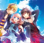  2boys amnesia_(idea_factory) bad_id bad_pixiv_id black_hair blonde_hair blue_eyes blue_skirt braid brown_hair choker cloud day gloves hairband heroine_(amnesia) holding_hands jacket multiple_boys plaid plaid_legwear red_eyes shin_(amnesia) shirt short_hair skirt sky smile toma_(amnesia) yamika yellow_eyes 