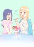  2girls :d bangs bare_shoulders black_hair blonde_hair blush casual chair collarbone commentary_request feeding green_background hair_between_eyes hakka0320 holding holding_spoon katou_asuka kuroki_tomoko long_hair looking_at_another multiple_girls open_mouth parfait pink_shirt shirt smile spoon upper_body watashi_ga_motenai_no_wa_dou_kangaetemo_omaera_ga_warui! white_eyes white_shirt yellow_eyes 