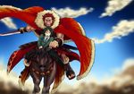  armor beard bob_cut bucephalus cape facial_hair fate/zero fate_(series) green_eyes green_hair horse male_focus multiple_boys nkj red_eyes red_hair rider_(fate/zero) sword waver_velvet weapon 