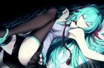  aqua_eyes aqua_hair erise hair_ornament hatsune_miku leash long_hair looking_at_viewer necktie ribbon skirt solo thighhighs very_long_hair vocaloid 