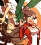  1girl asahina_aoi blue_eyes breasts brown_hair danganronpa danganronpa_1 dark_skin doughnut food hagakure_yasuhiro jacket large_breasts ponytail smile tmk 