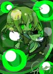  :&lt; arm_warmers blonde_hair chibi closed_mouth dark_background green_background green_eyes kouzidaren lowres mizuhashi_parsee orb pointy_ears sash scarf short_hair skirt solo touhou v-shaped_eyebrows white_legwear 