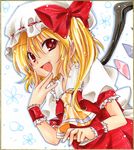  ascot blonde_hair border dutch_angle ears fang flandre_scarlet hand_on_own_chin hat hat_ribbon imoko. looking_at_viewer marker_(medium) millipen_(medium) nib_pen_(medium) open_mouth outline red_eyes ribbon shikishi short_hair short_sleeves side_ponytail simple_background skirt solo touhou traditional_media vest white_background wings wrist_cuffs 