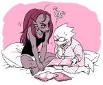  alphys anthro blush book bottomless clothed clothing duo eye_patch eyewear female female/female fish glasses hair humanoid invalid_tag long_hair marine pillow reading red_hair reptile scalie sweat undertale underwear undyne video_games yokoshimako 