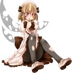  1girl blonde_hair blush dress drill_hair fairy_wings female hat luna_child open_mouth pantyhose s-syogo tears torn_clothes torn_pantyhose torn_wings touhou wings 
