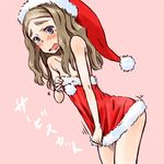  bare_shoulders blue_eyes blush brown_hair chibikko_(morihito) eyebrows hat long_hair morihito original santa_costume santa_hat solo tears thick_eyebrows 