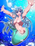  1girl armpits arms_up blue_eyes blue_hair breasts female fish_tail happy huge_breasts long_hair mermaid monster_girl muntaro navel nipples open_mouth original solo topless under_water underwater water 