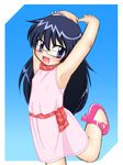  arms_above_head arms_up blush dress glasses happy leg_up miyanii_(myanie) myanie nogami_aoi one_leg_back zettai_karen_children 