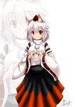  animal_ears artist_name bad_id bad_pixiv_id detached_sleeves hat heart heart_hands inubashiri_momiji kuga_zankurou long_sleeves looking_at_viewer red_eyes shirt short_hair signature silver_hair skirt smile solo tokin_hat touhou wide_sleeves wolf_ears zoom_layer 