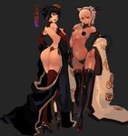  absurdres animal_ears arched_back armlet ass bare_shoulders black_hair black_legwear blonde_hair blue_eyes bra breasts cat_ears cat_tail cleavage contrapposto detached_sleeves fake_animal_ears hair_ornament hair_stick hairband hands_on_hips high_heels highleg highleg_panties highres japanese_clothes lace lace-trimmed_thighhighs lingerie lips medium_breasts multiple_girls navel open_mouth original panties parted_lips qbspdl red_eyes red_legwear ribs shoes simple_background sketch standing tail thighhighs thong underwear 
