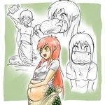  eating fangs food kaiki_hito_jinkan lamia long_hair meat monster_girl naga open_mouth orange_hair smile yellow_eyes 