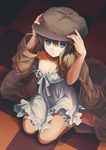  areolae black_hair blue_eyes cabbie_hat checkered checkered_floor dress hands_on_headwear hat izumiya_otoha jacket lily_(shiei_no_sona-nyl) shiei_no_sona-nyl short_hair sitting solo steampunk_(liarsoft) wardrobe_malfunction wariza 