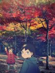  aqua_hoodie bags_under_eyes black_hair coat green_eyes hakka0320 holding_branch hood hoodie kuroki_tomoki kuroki_tomoko looking_back outdoors photo_background red_coat tree twig watashi_ga_motenai_no_wa_dou_kangaetemo_omaera_ga_warui! younger 