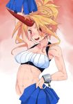  abs arm_up bad_id bad_pixiv_id blonde_hair breasts horn hoshiguma_yuugi large_breasts long_hair mmm navel open_mouth pointy_ears pom_poms red_eyes smile solo touhou 