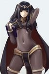  bikini_top black_hair blue_eyes bodysuit book bracelet bridal_gauntlets cape covered_navel fire_emblem fire_emblem:_kakusei frown jewelry loincloth long_hair rainen_ganbarimashita solo tharja thigh_strap tiara two_side_up 