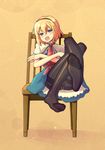  alice_margatroid black_legwear blonde_hair blue_eyes blush capelet chair crossed_arms crossed_legs feet hairband highres kimarin open_mouth panties panties_under_pantyhose pantyhose short_hair sitting soles solo thighband_pantyhose touhou underwear yellow_background 